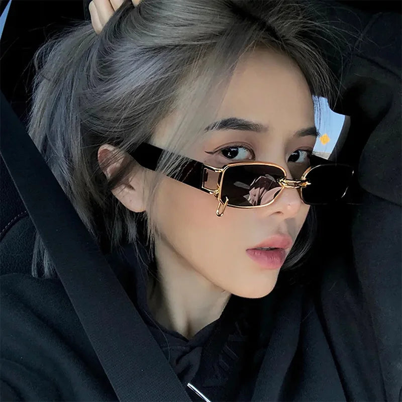 Buckle Sunglasses 2024 New Small Frame Metal Square Sunglasses Fashionable Personality Sunglasses Men and Women