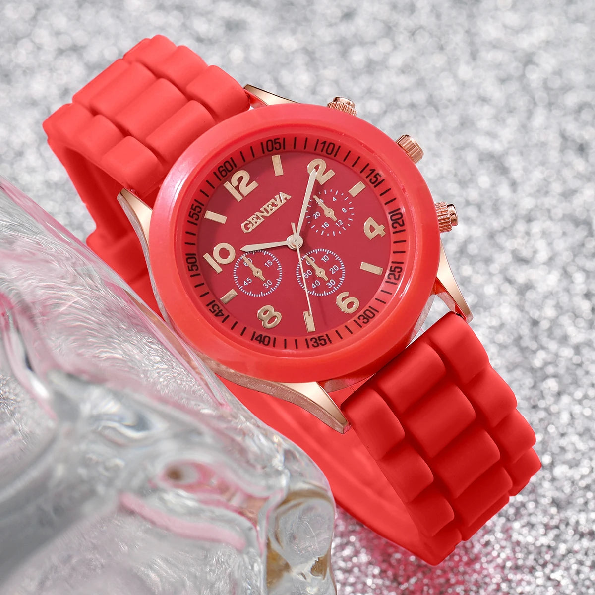 3Pcs/Set Fashion Women Silicone Watch White Red Black Colors Quartz Watch Set