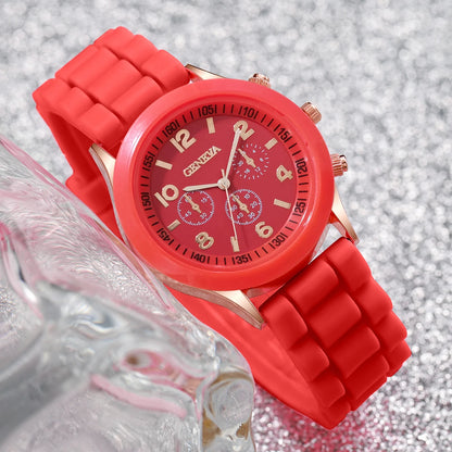 3Pcs/Set Fashion Women Silicone Watch White Red Black Colors Quartz Watch Set