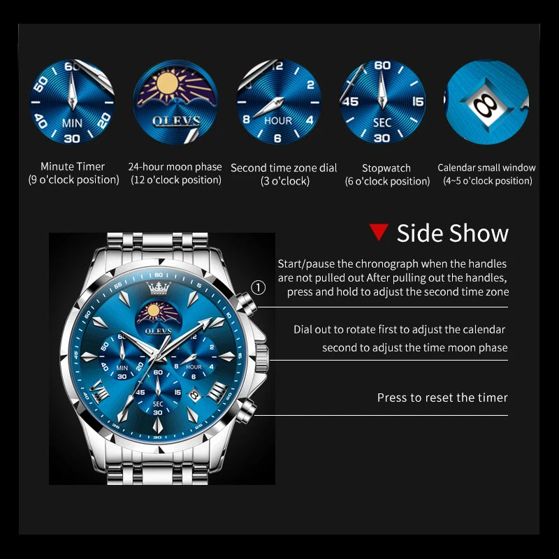 3653 Mens Watch Original Quartz Watch Multifunctional Chronograph Watch for Men Waterproof Luminous Reloj Moon Phase Watch