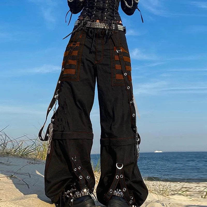 Punk Style Y2K Wid Leg Denim Pants E-Girl Gothic Loose Trousers Cyber Grunge Cargo Pants Harajuku High Waist Baggy Jeans Women