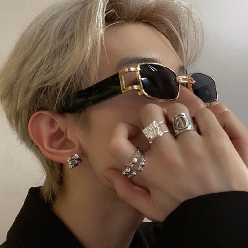 Buckle Sunglasses 2024 New Small Frame Metal Square Sunglasses Fashionable Personality Sunglasses Men and Women
