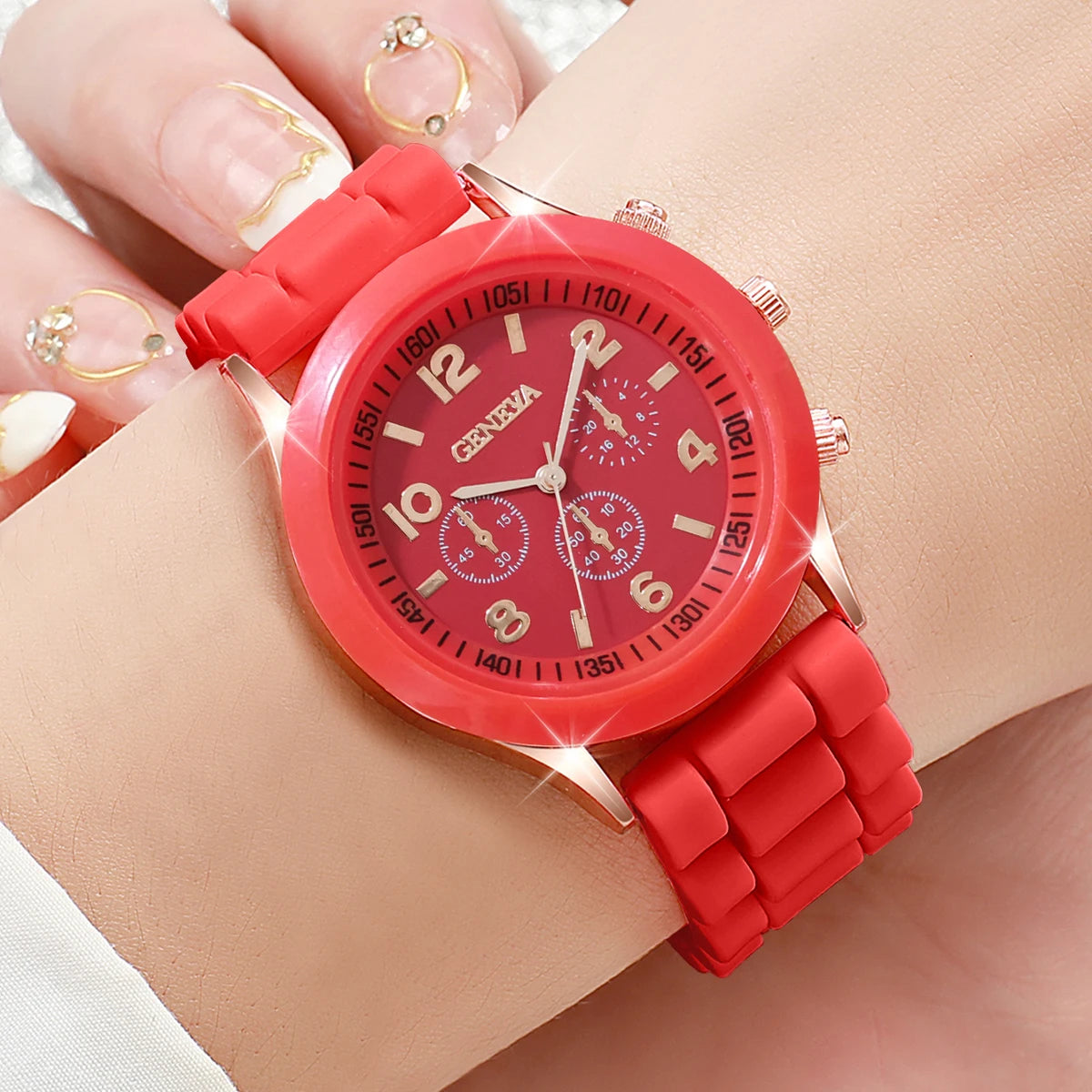3Pcs/Set Fashion Women Silicone Watch White Red Black Colors Quartz Watch Set