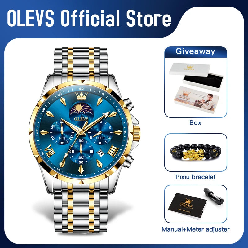 3653 Mens Watch Original Quartz Watch Multifunctional Chronograph Watch for Men Waterproof Luminous Reloj Moon Phase Watch