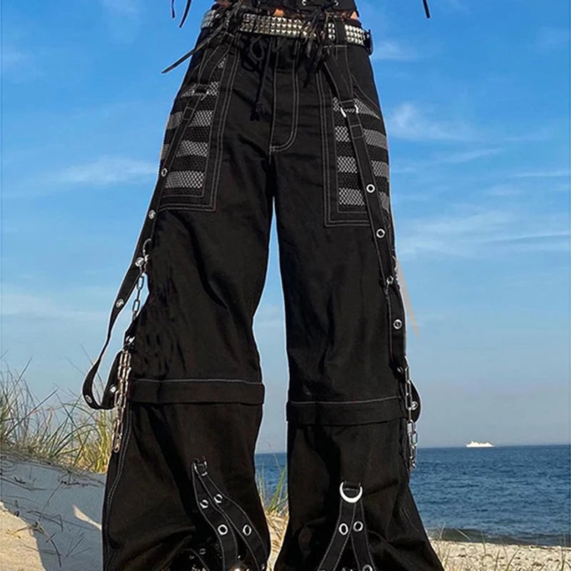 Punk Style Y2K Wid Leg Denim Pants E-Girl Gothic Loose Trousers Cyber Grunge Cargo Pants Harajuku High Waist Baggy Jeans Women