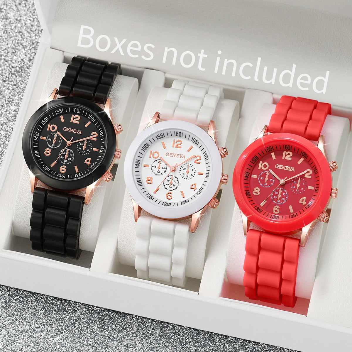 3Pcs/Set Fashion Women Silicone Watch White Red Black Colors Quartz Watch Set