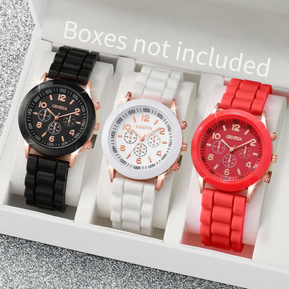 3Pcs/Set Fashion Women Silicone Watch White Red Black Colors Quartz Watch Set