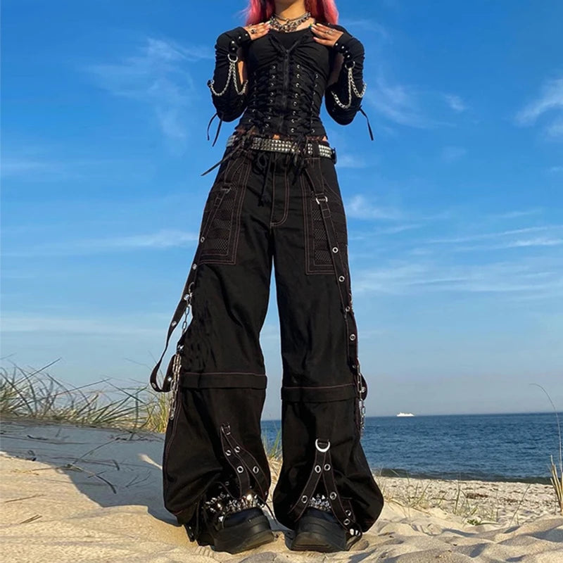 Punk Style Y2K Wid Leg Denim Pants E-Girl Gothic Loose Trousers Cyber Grunge Cargo Pants Harajuku High Waist Baggy Jeans Women